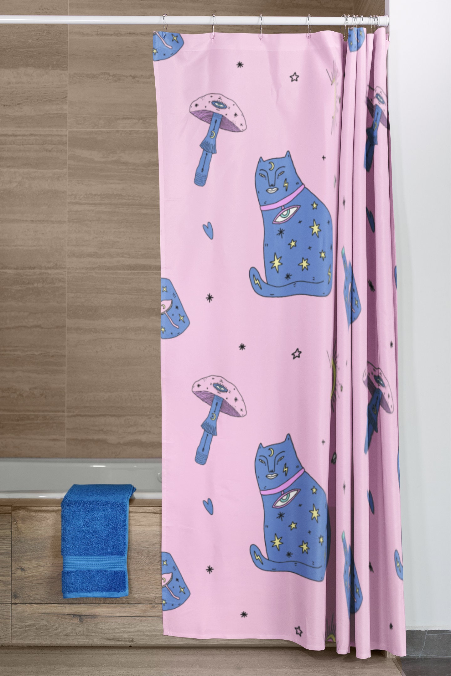 Edgy Boho Cat Shower Curtain Evil Eye Moon Mushrooms Bathroom Decor