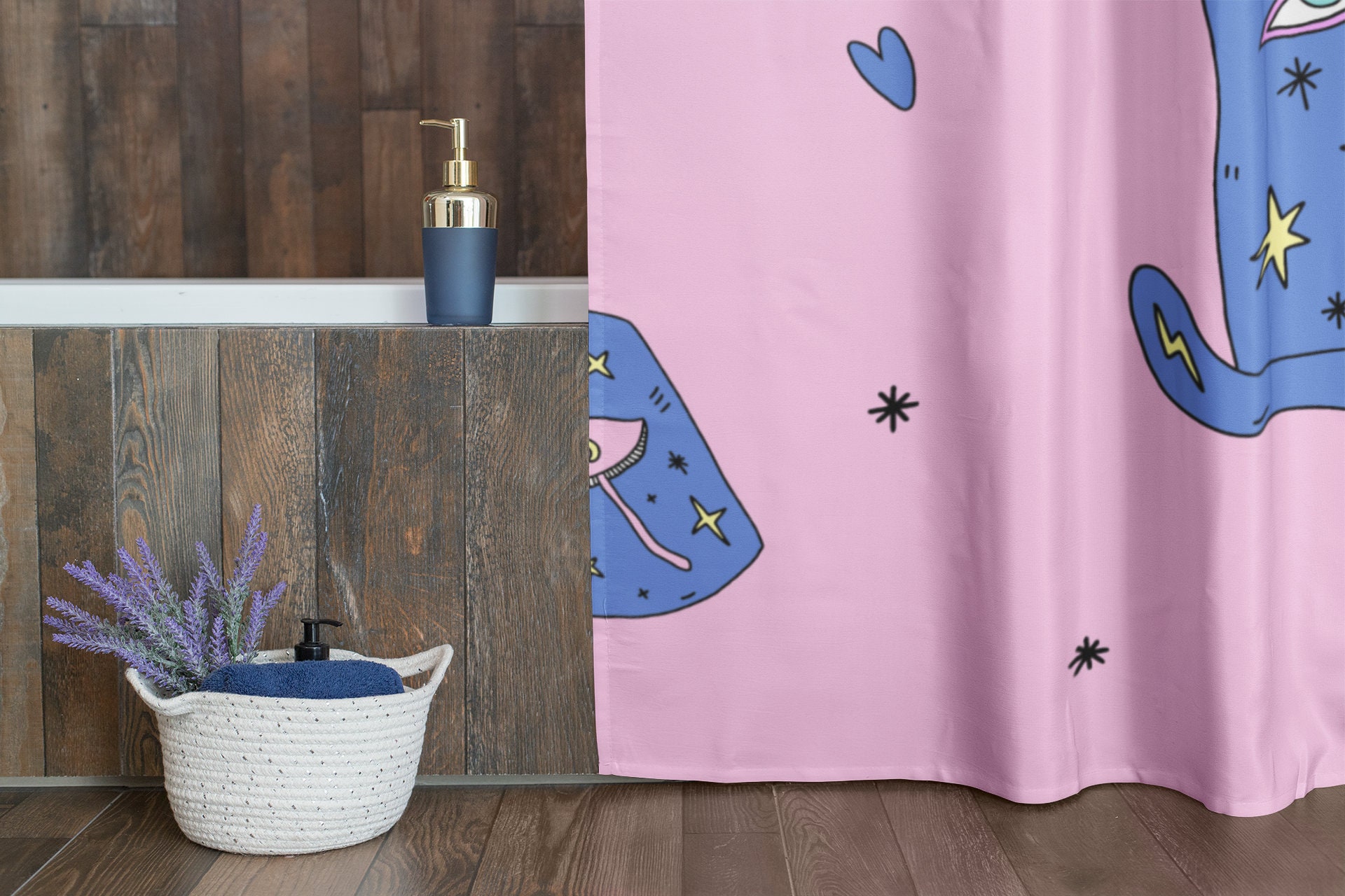 Edgy Boho Cat Shower Curtain Evil Eye Moon Mushrooms Bathroom Decor