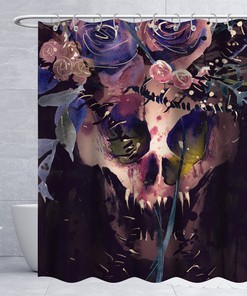 Edgy Floral Skull Shower Curtain in Pink Roses for a Gothic Bathroom