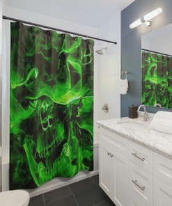 Edgy Green Skull And Smoke Shower Curtain For Gothic Bathroom Decor