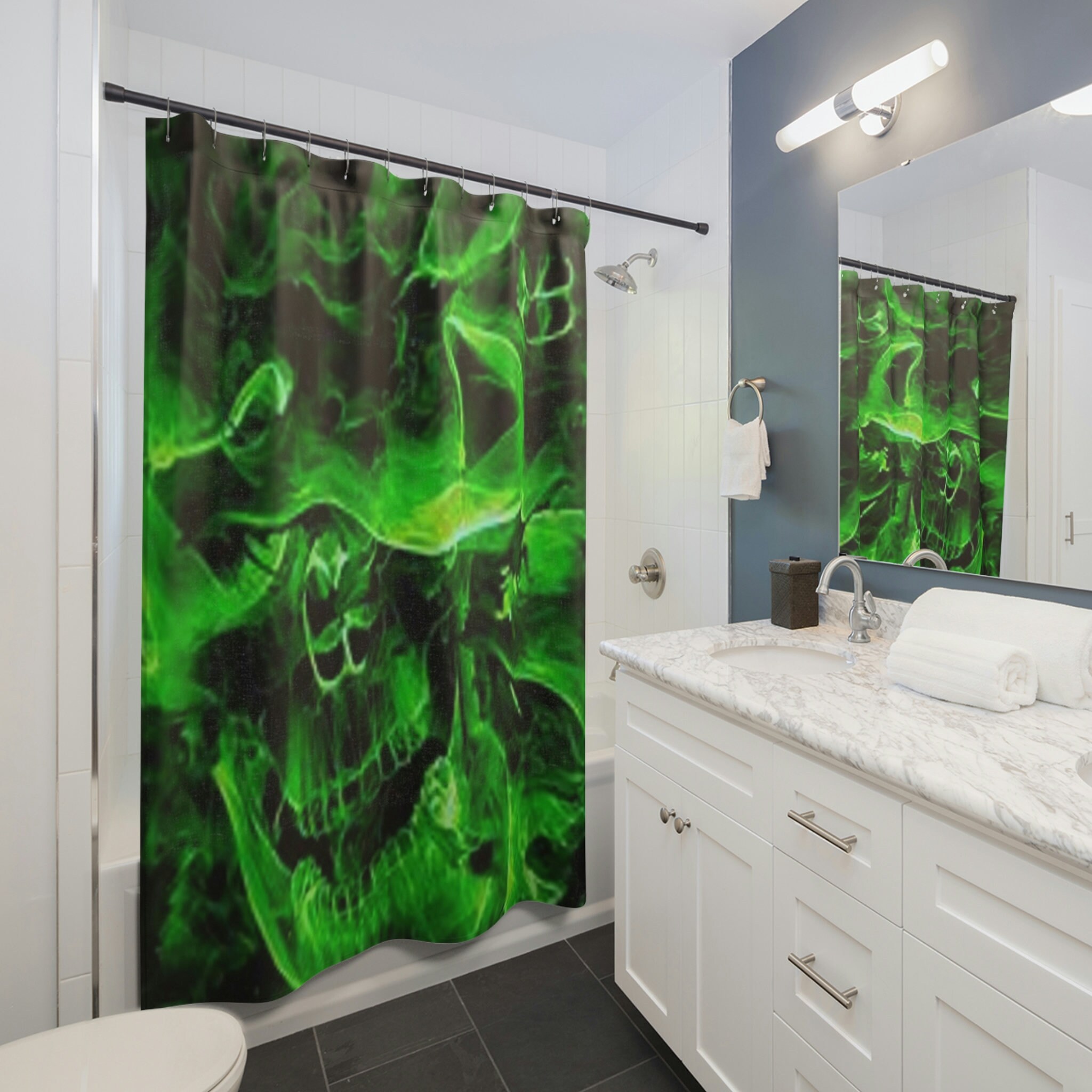 Edgy Green Skull And Smoke Shower Curtain For Gothic Bathroom Decor