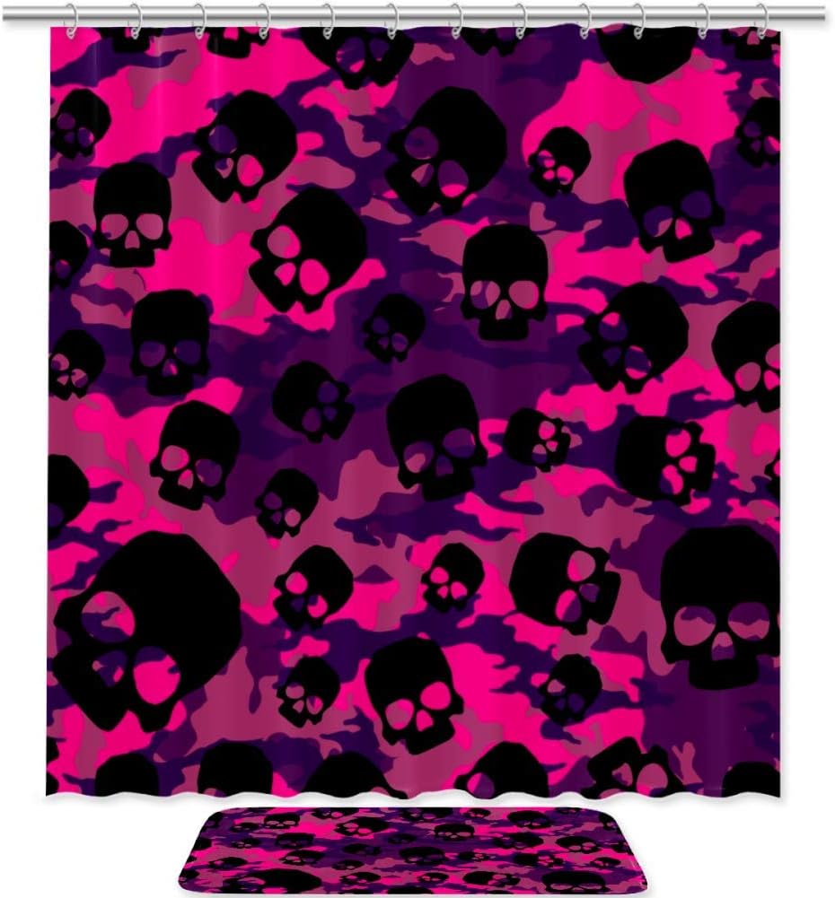Edgy Pink Camouflage and Skull Shower Curtain for Bold Bathroom Decor