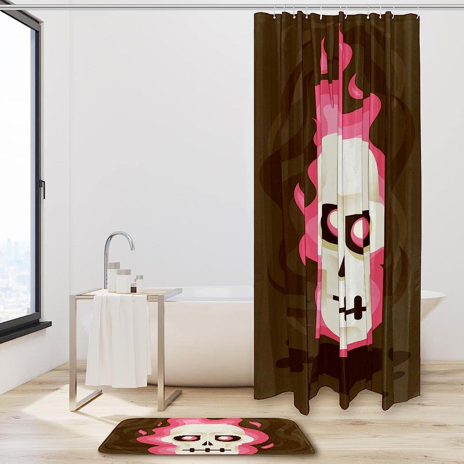 Edgy Pink Flaming Skull Shower Curtain for Halloween Bathroom Decor