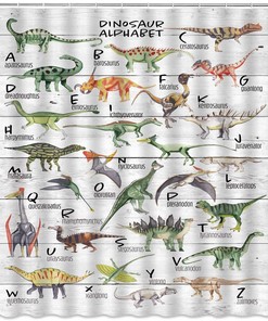 Educational Dinosaur Alphabet Shower Curtain With Colorful Animal Illustrations, Rustic Wooden Hooks Included