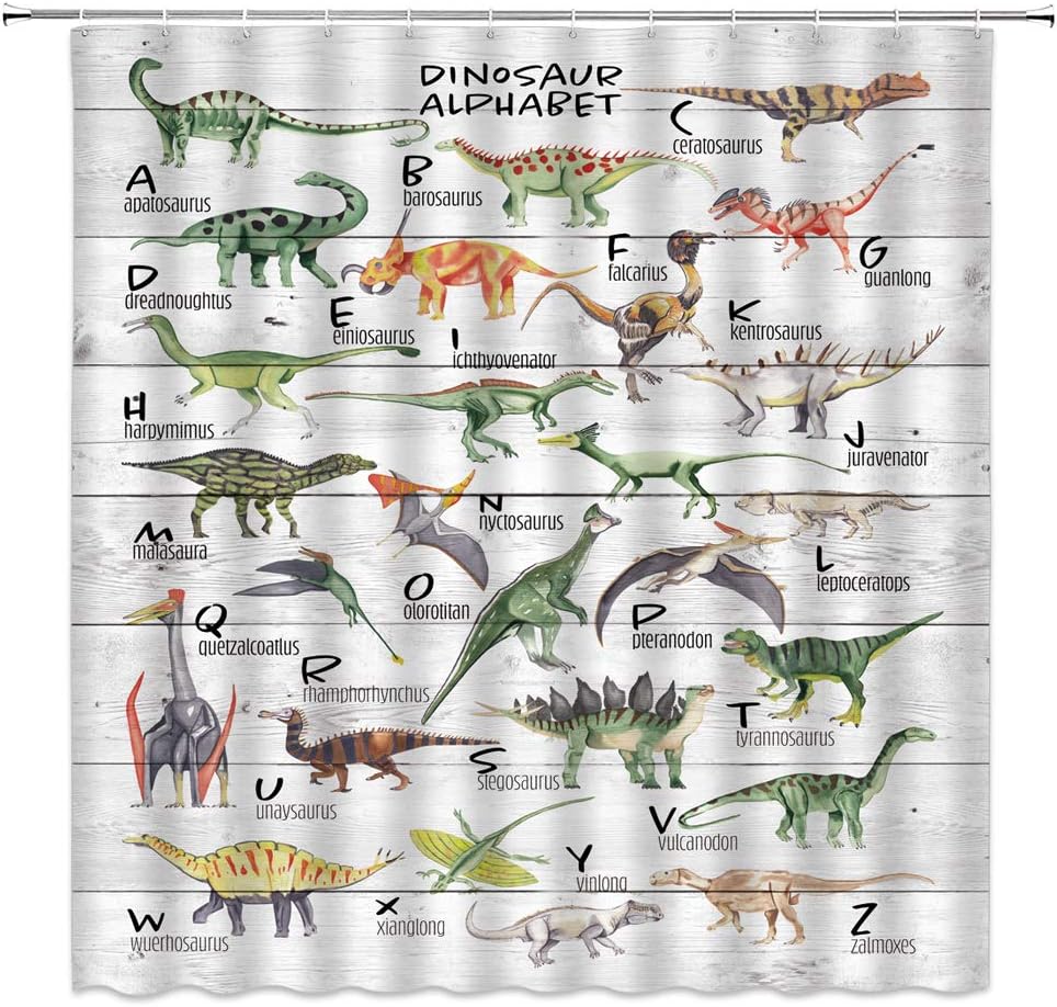 Educational Dinosaur Alphabet Shower Curtain With Colorful Animal Illustrations, Rustic Wooden Hooks Included