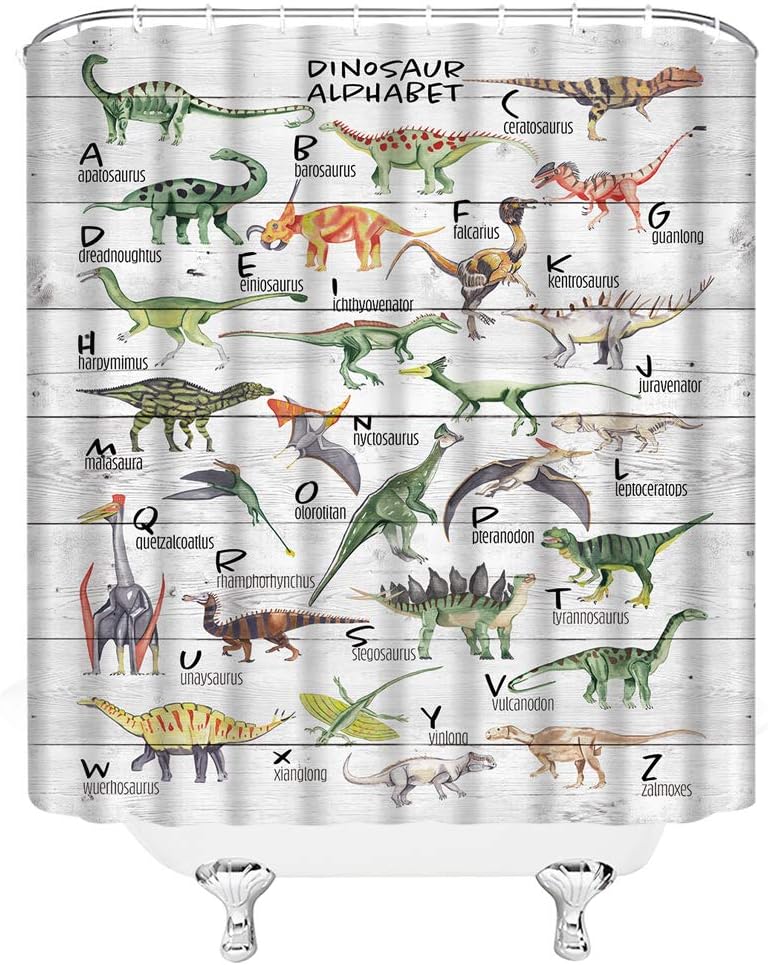 Educational Dinosaur Alphabet Shower Curtain With Colorful Animal Illustrations, Rustic Wooden Hooks Included - Image 2