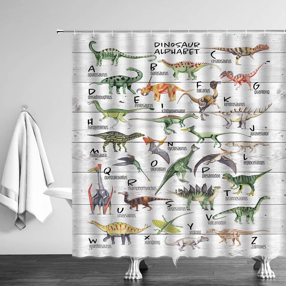 Educational Dinosaur Alphabet Shower Curtain With Colorful Animal Illustrations, Rustic Wooden Hooks Included - Image 3