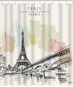 Effiel Tower in France Bridge Water Flower Leaves Print Shower Curtain for Paris Themed Bathroom