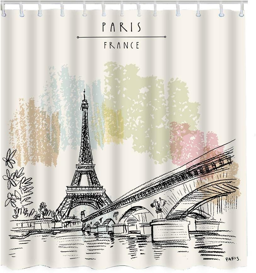 Effiel Tower in France Bridge Water Flower Leaves Print Shower Curtain for Paris Themed Bathroom