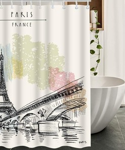 Effiel Tower in France Bridge Water Flower Leaves Print Shower Curtain for Paris Themed Bathroom