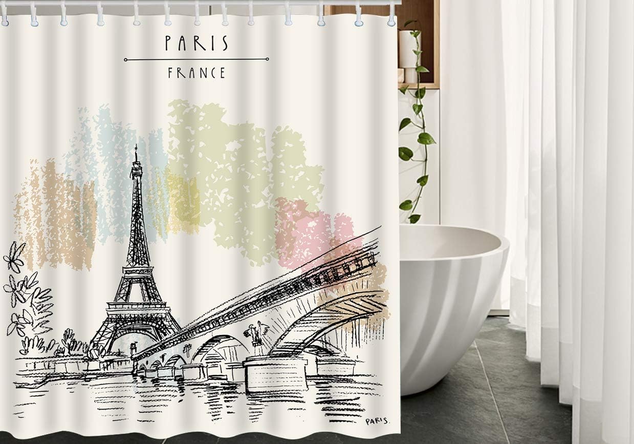Effiel Tower in France Bridge Water Flower Leaves Print Shower Curtain for Paris Themed Bathroom