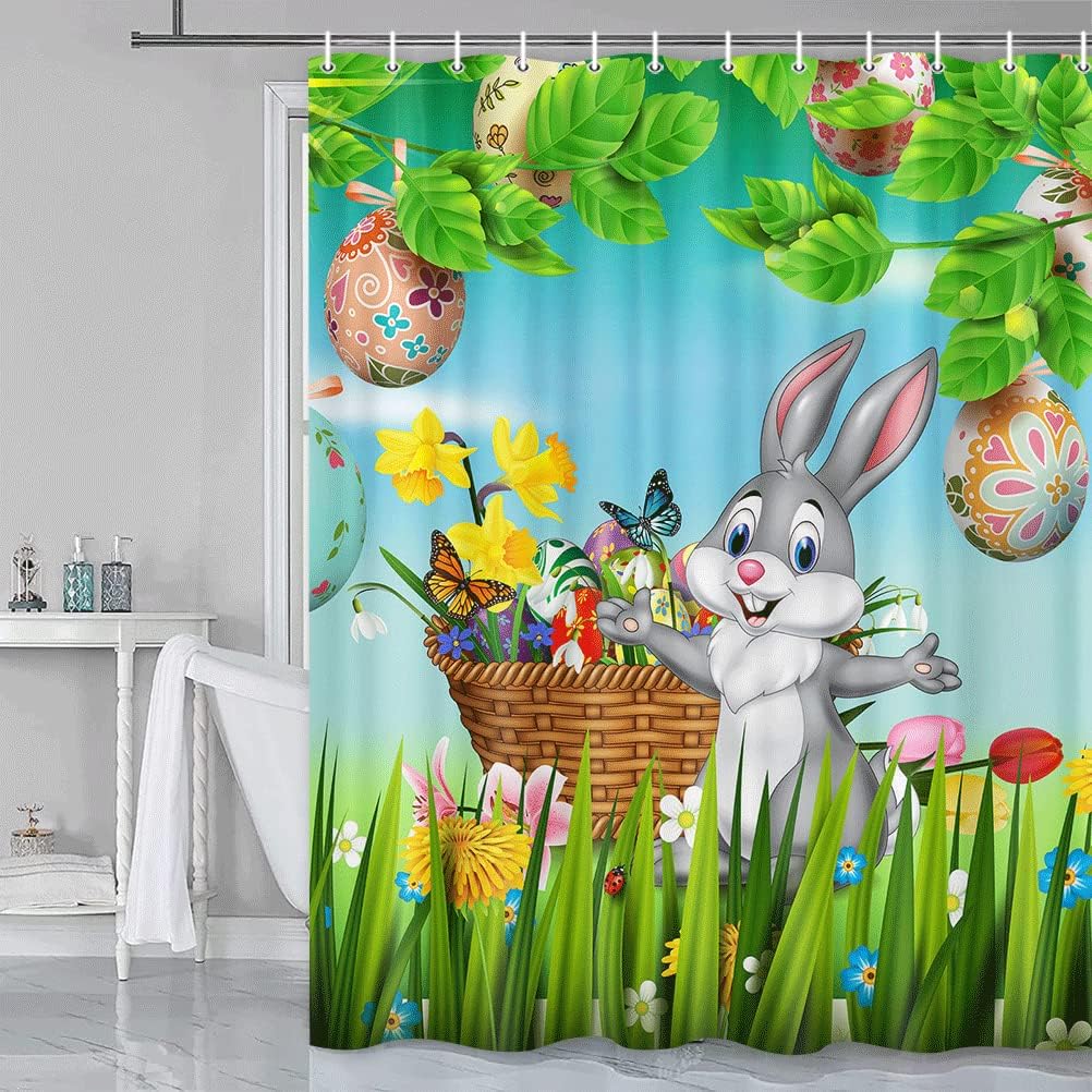 Egg Hunt Grtuspr Happy Easter Shower Curtain With Cute Bunny And Colorful Eggs