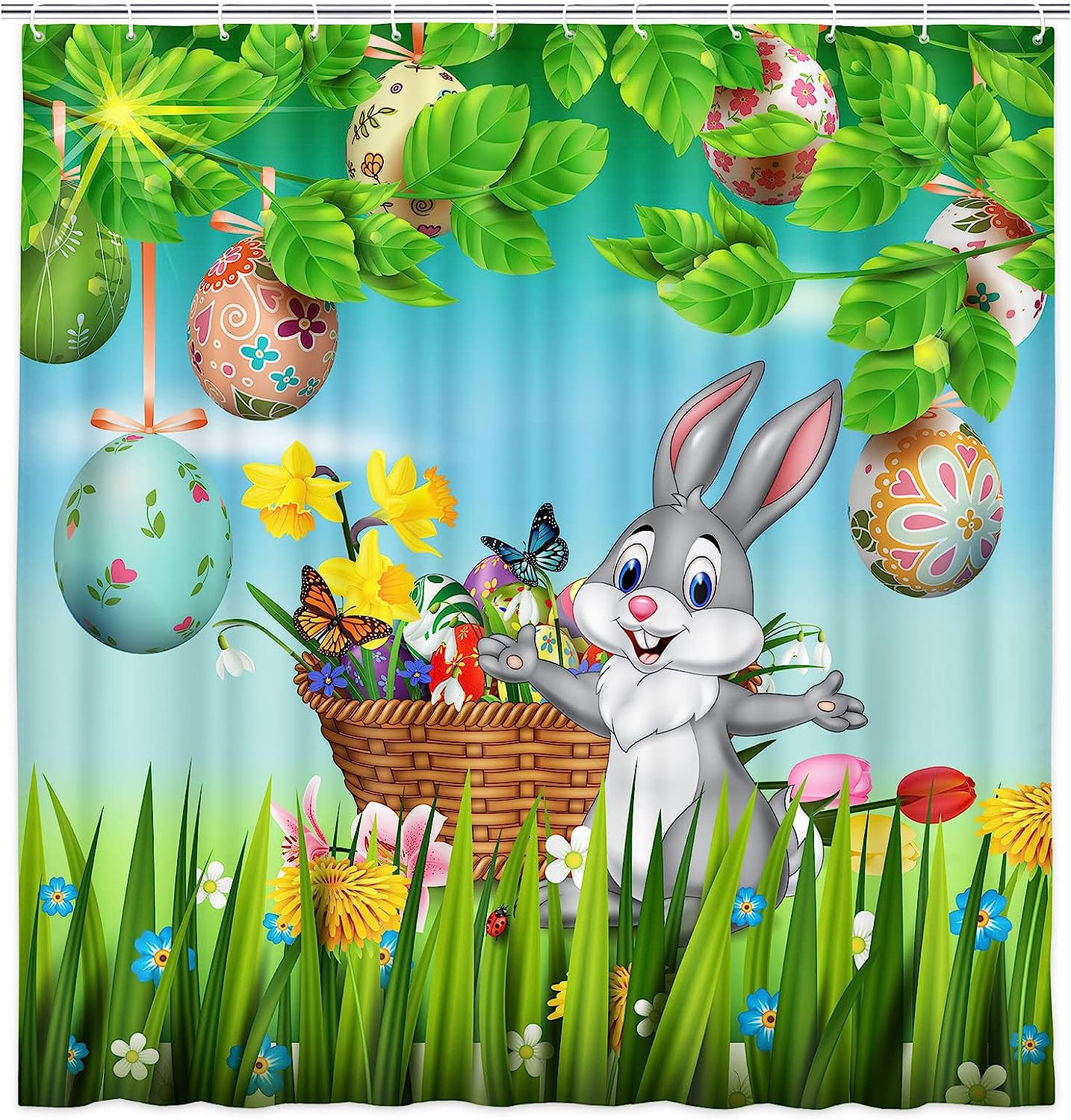 Egg Hunt Grtuspr Happy Easter Shower Curtain With Cute Bunny And Colorful Eggs