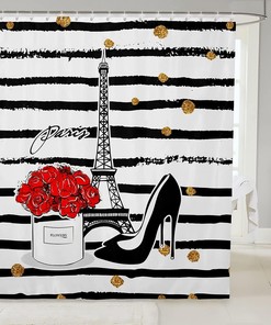 Eiffel Tower Black White Stripe Print Shower Curtain for Kids Boys Girls Room Decor