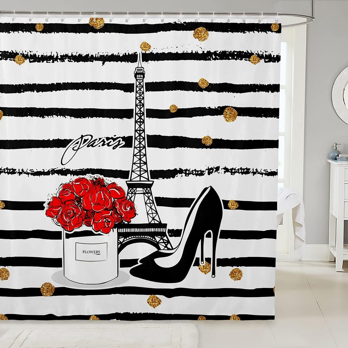 Eiffel Tower Black White Stripe Print Shower Curtain for Kids Boys Girls Room Decor