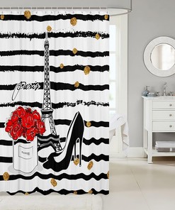 Eiffel Tower Black White Stripe Print Shower Curtain for Kids Boys Girls Room Decor