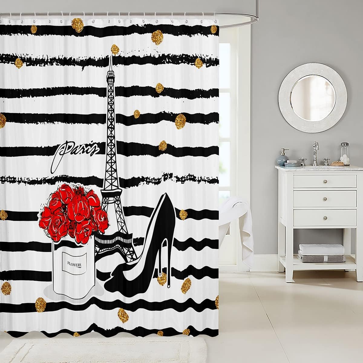 Eiffel Tower Black White Stripe Print Shower Curtain for Kids Boys Girls Room Decor