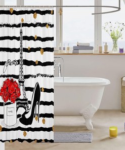 Eiffel Tower Black White Stripe Print Shower Curtain for Kids Boys Girls Room Decor