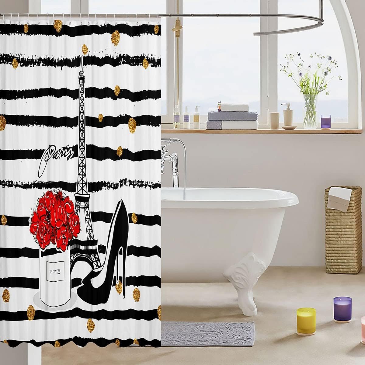 Eiffel Tower Black White Stripe Print Shower Curtain for Kids Boys Girls Room Decor