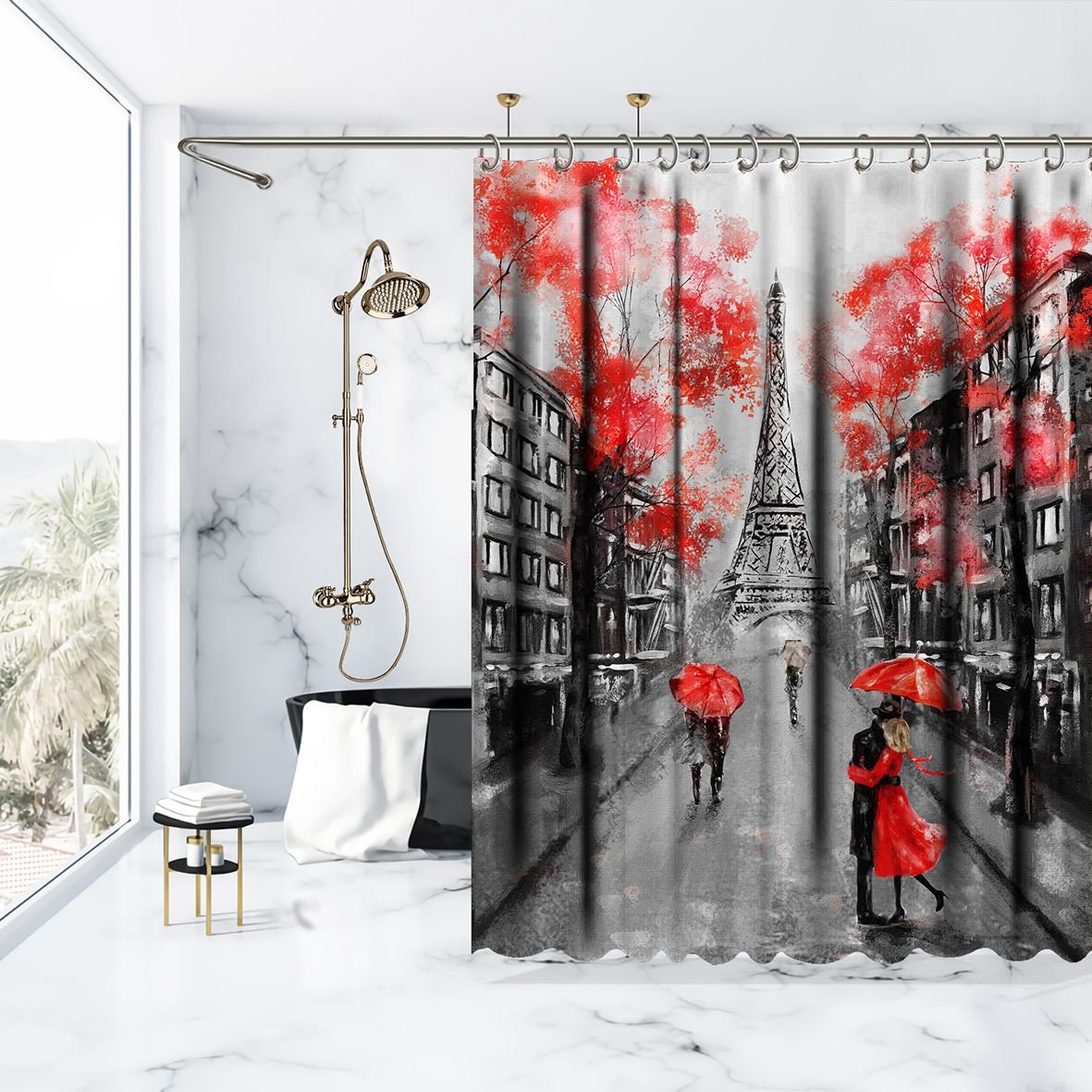 Eiffel Tower Building Printed Shower Curtain, Artistic Touch For Travel-Inspired Bathroom Decor - Image 3