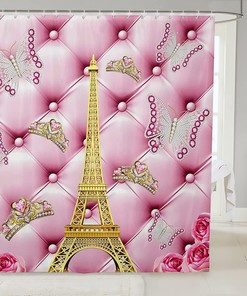 Eiffel Tower Butterfly Pattern Shower Curtain for Romantic Paris Bath Decor