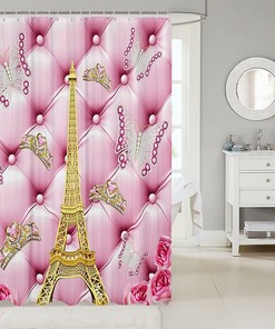 Eiffel Tower Butterfly Pattern Shower Curtain for Romantic Paris Bath Decor