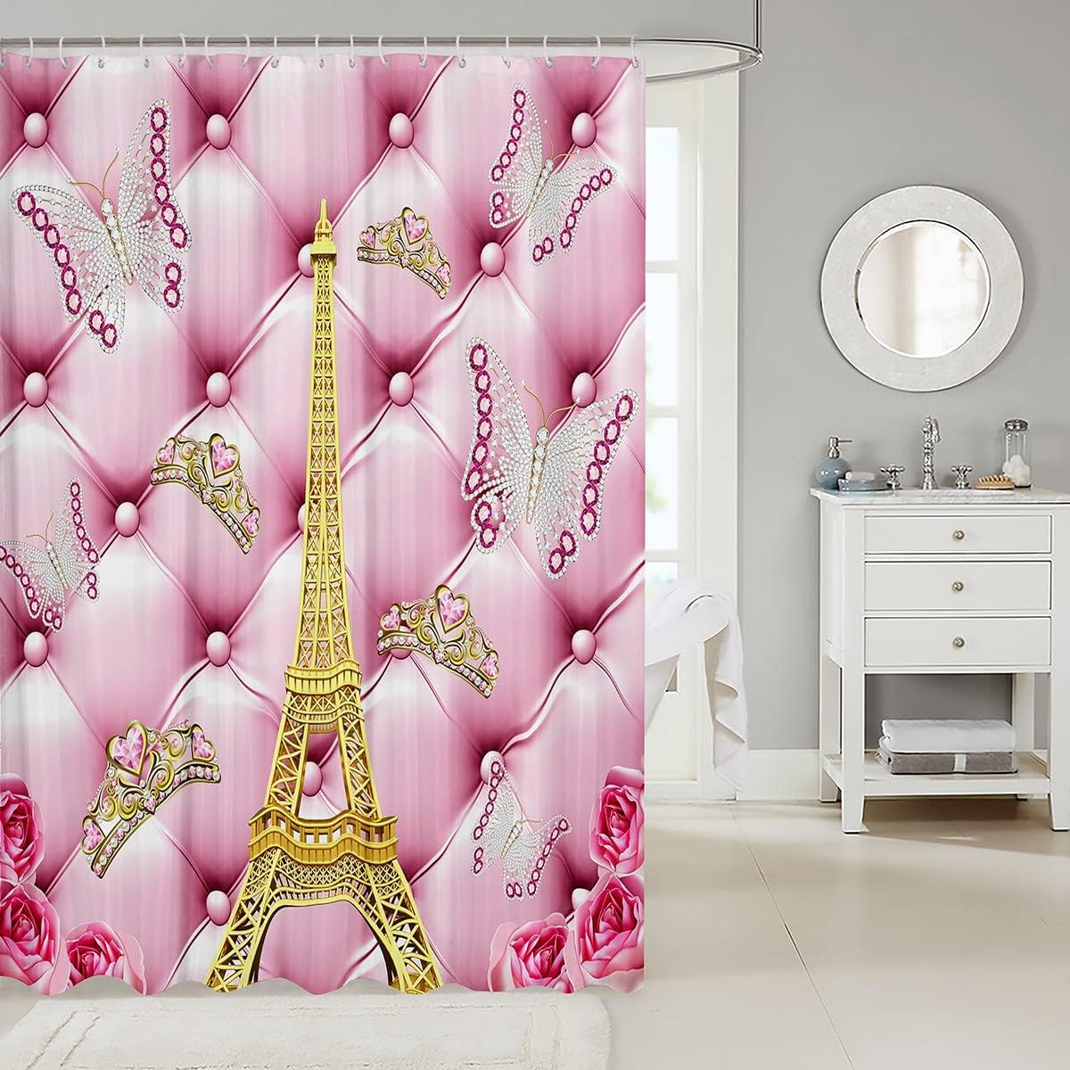 Eiffel Tower Butterfly Pattern Shower Curtain for Romantic Paris Bath Decor