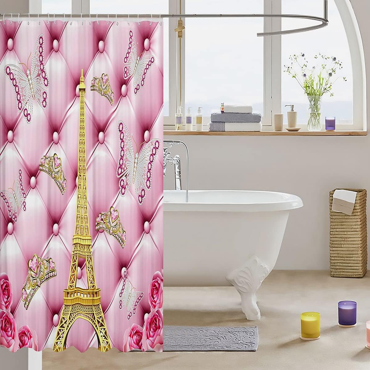 Eiffel Tower Butterfly Pattern Shower Curtain for Romantic Paris Bath Decor