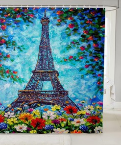 Eiffel Tower City Building Shower Curtain, Bohemian Rainbow Flowers Bathroom Decor - 