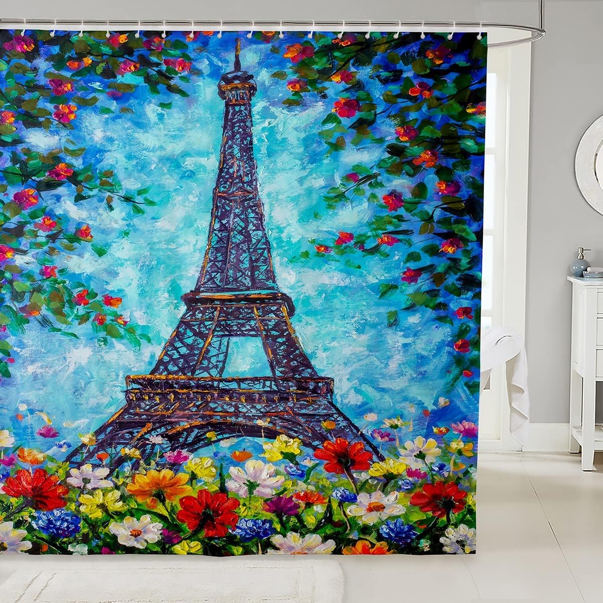 Eiffel Tower City Building Shower Curtain, Bohemian Rainbow Flowers Bathroom Decor -