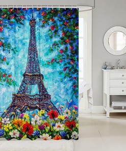 Eiffel Tower City Building Shower Curtain, Bohemian Rainbow Flowers Bathroom Decor -