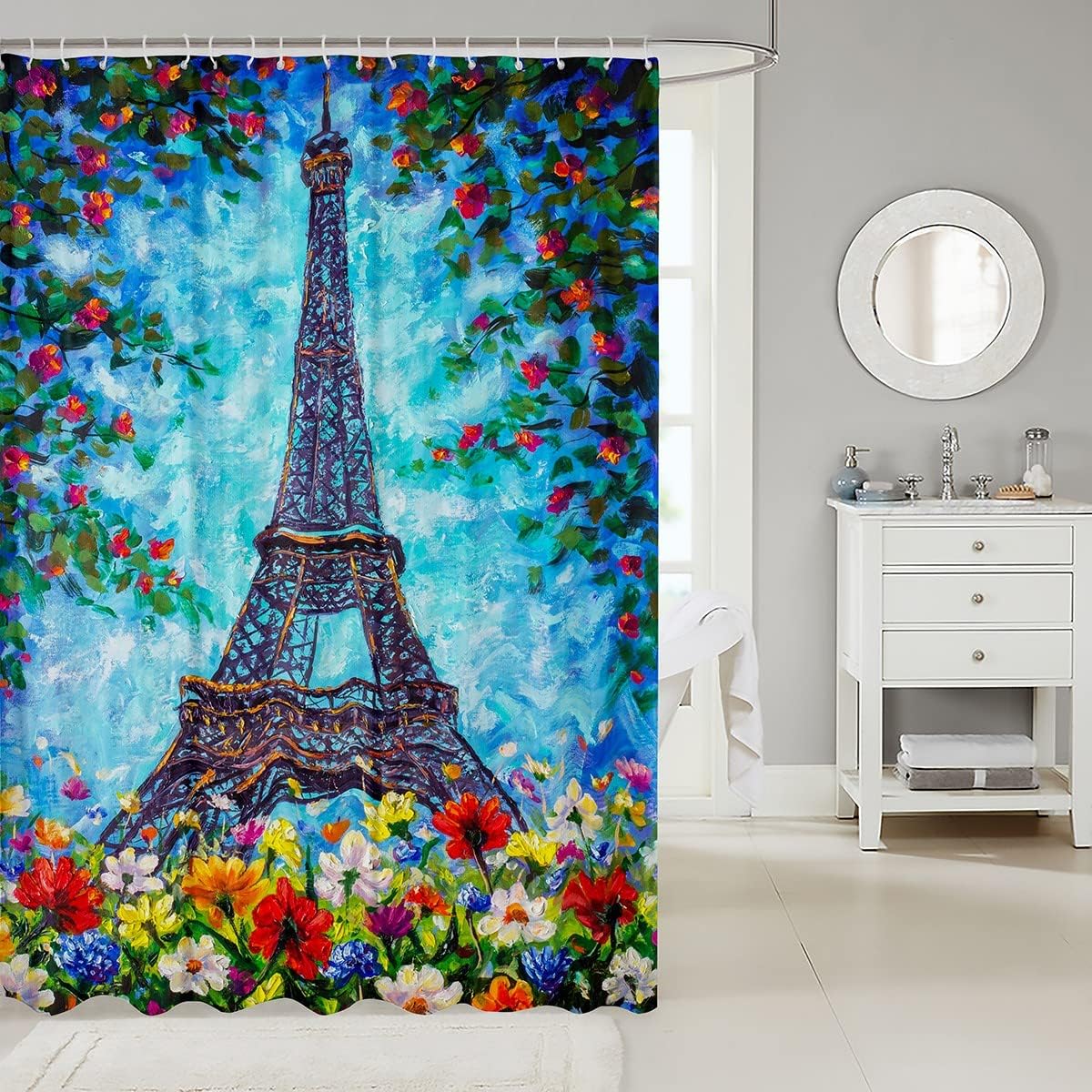 Eiffel Tower City Building Shower Curtain, Bohemian Rainbow Flowers Bathroom Decor -
