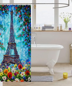 Eiffel Tower City Building Shower Curtain, Bohemian Rainbow Flowers Bathroom Decor -