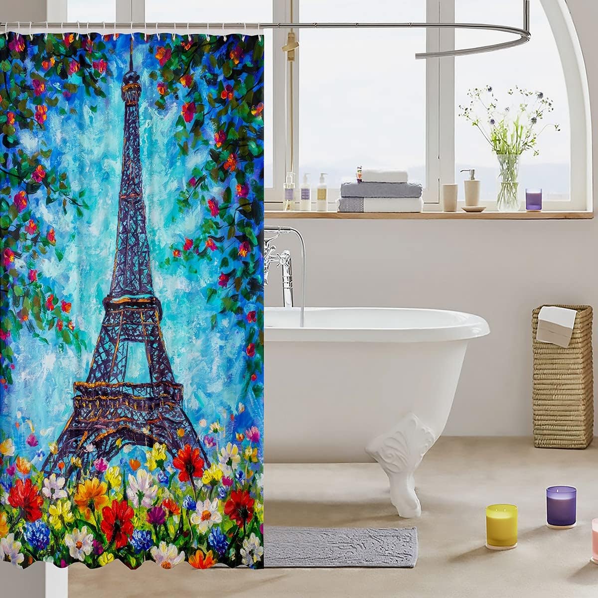 Eiffel Tower City Building Shower Curtain, Bohemian Rainbow Flowers Bathroom Decor -