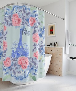 Eiffel Tower Cottage Floral Shower Curtain With Blue And Rose Design