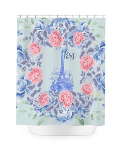 Eiffel Tower Cottage Floral Shower Curtain With Blue And Rose Design