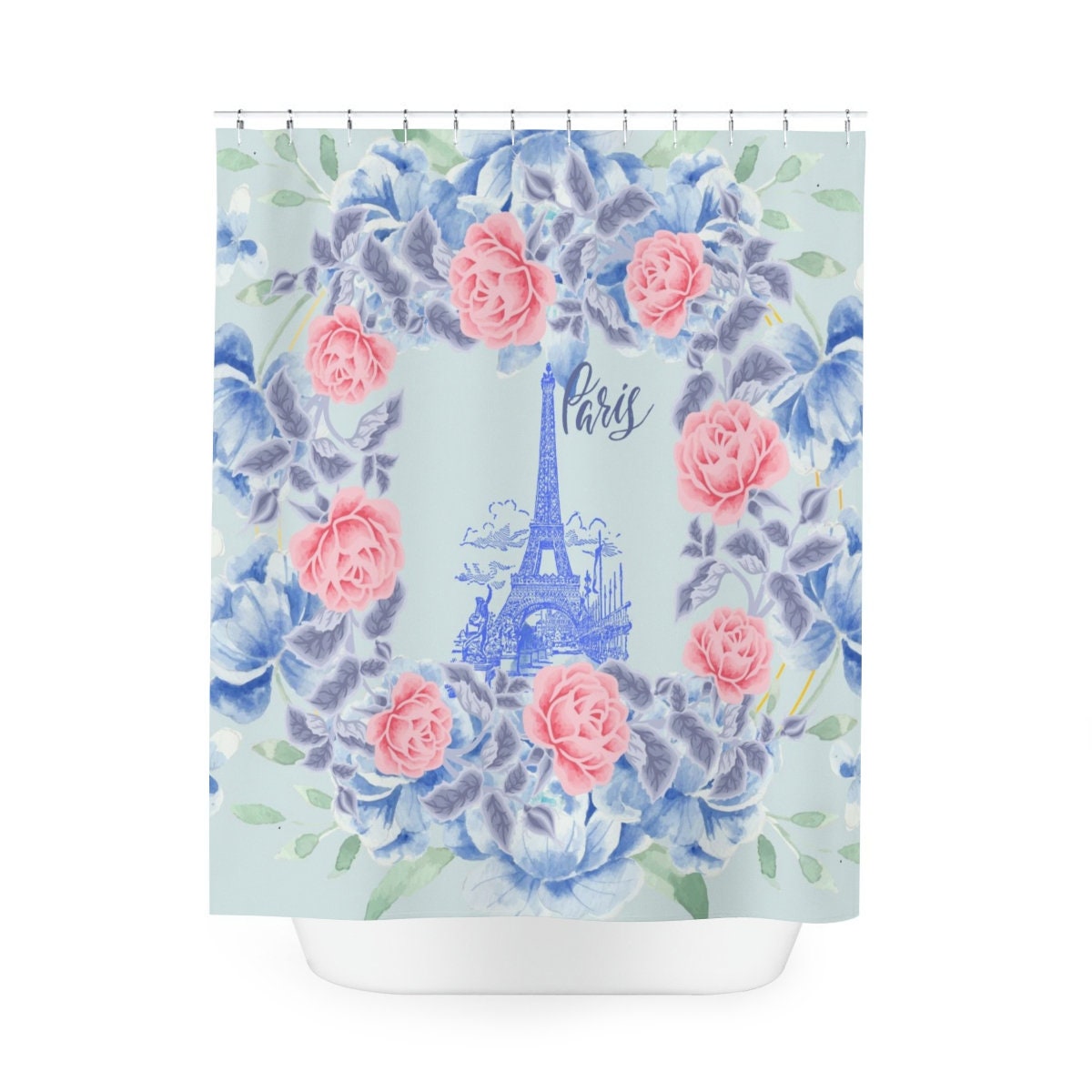 Eiffel Tower Cottage Floral Shower Curtain With Blue And Rose Design