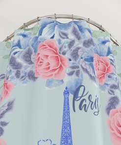Eiffel Tower Cottage Floral Shower Curtain With Blue And Rose Design