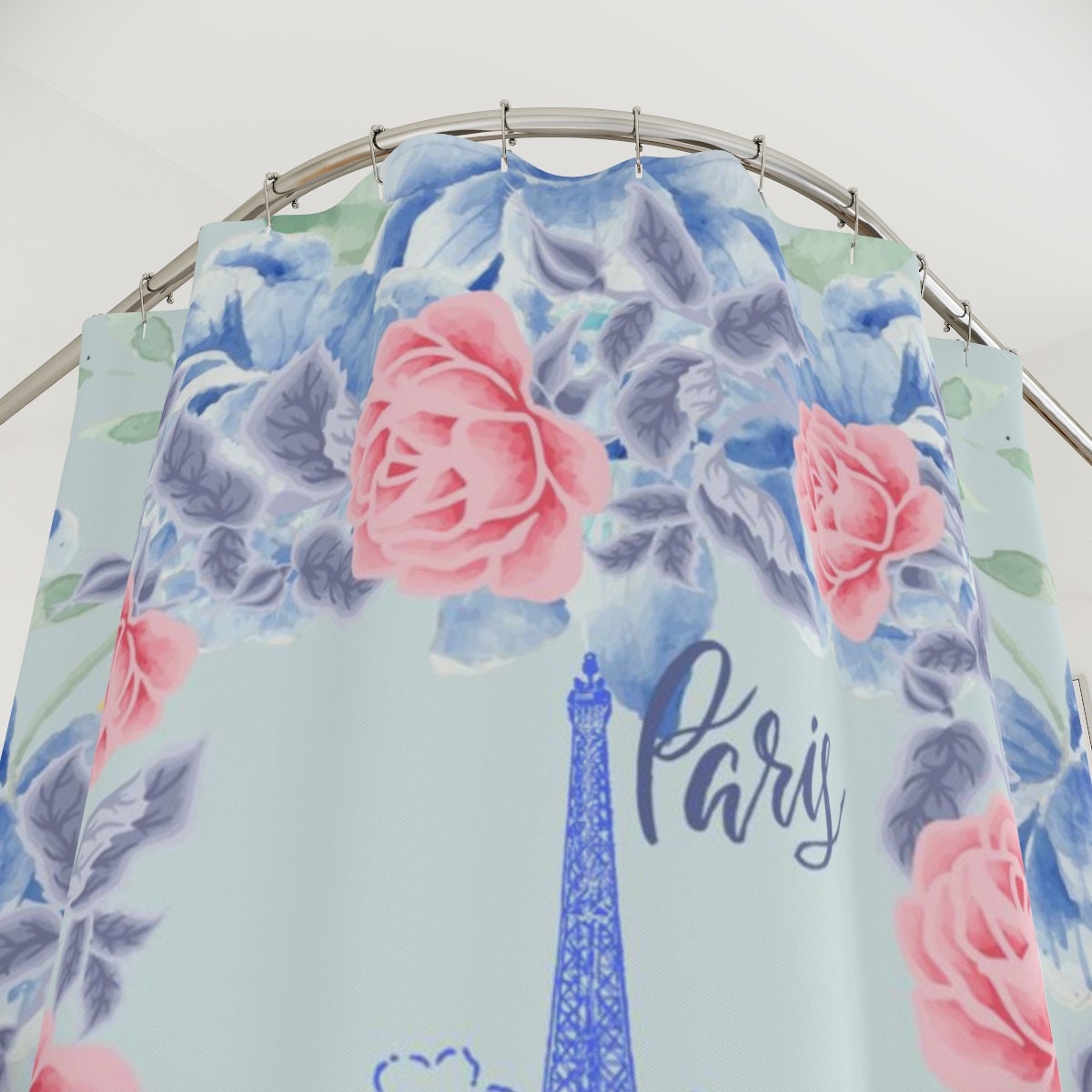 Eiffel Tower Cottage Floral Shower Curtain With Blue And Rose Design