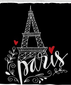 Eiffel Tower Doodle Black Shower Curtain, Vintage Parisian-Inspired Bathroom Accessory for Your Romantic Bath