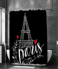 Eiffel Tower Doodle Black Shower Curtain, Vintage Parisian-Inspired Bathroom Accessory for Your Romantic Bath