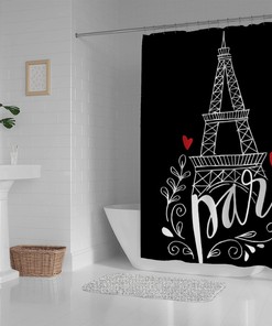 Eiffel Tower Doodle Black Shower Curtain, Vintage Parisian-Inspired Bathroom Accessory for Your Romantic Bath