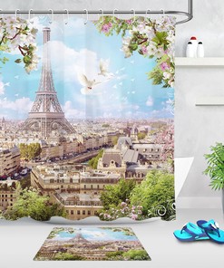 Eiffel Tower Flower Shower Curtain, Paris Scenery Bathroom Decor - 