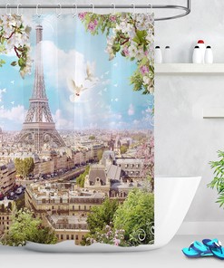 Eiffel Tower Flower Shower Curtain, Paris Scenery Bathroom Decor -