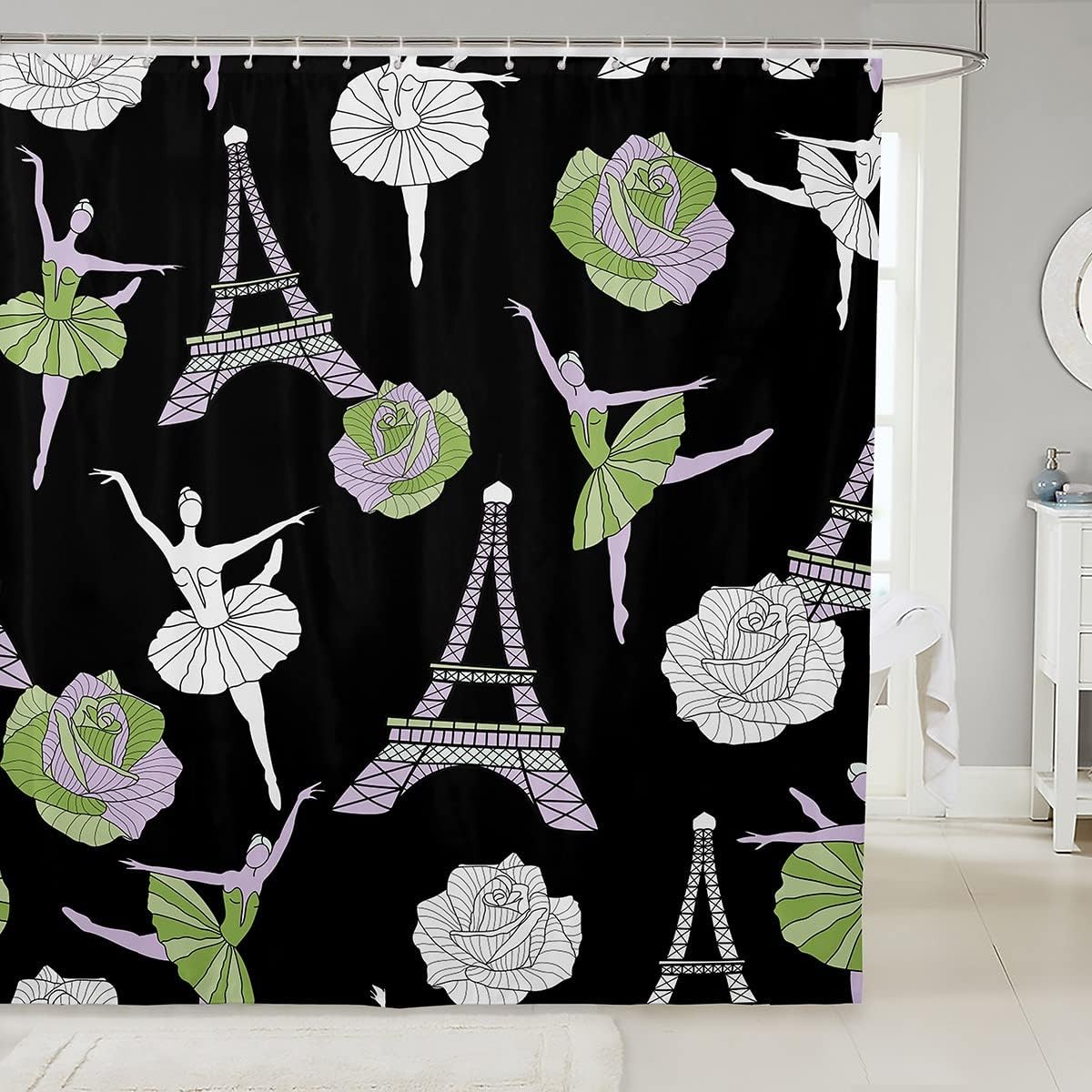 Eiffel Tower Green Rose Floral Shower Curtain, Ballerina Bathroom Decor -