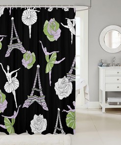 Eiffel Tower Green Rose Floral Shower Curtain, Ballerina Bathroom Decor -