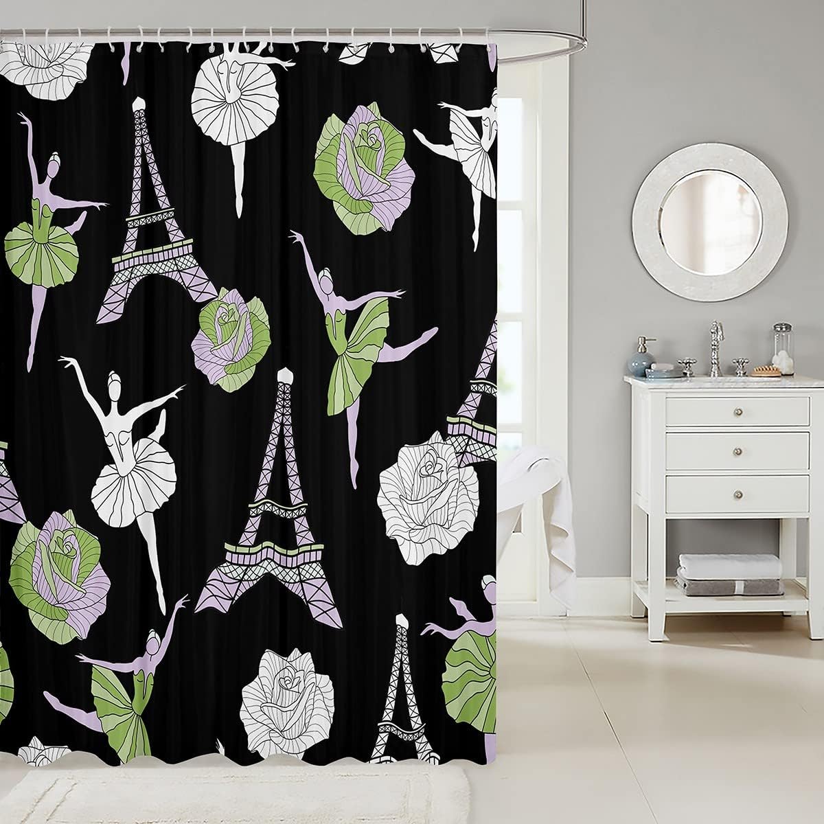 Eiffel Tower Green Rose Floral Shower Curtain, Ballerina Bathroom Decor -