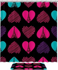 Eiffel Tower Heart Waterproof Shower Curtain, Paris Bathroom Decor - 