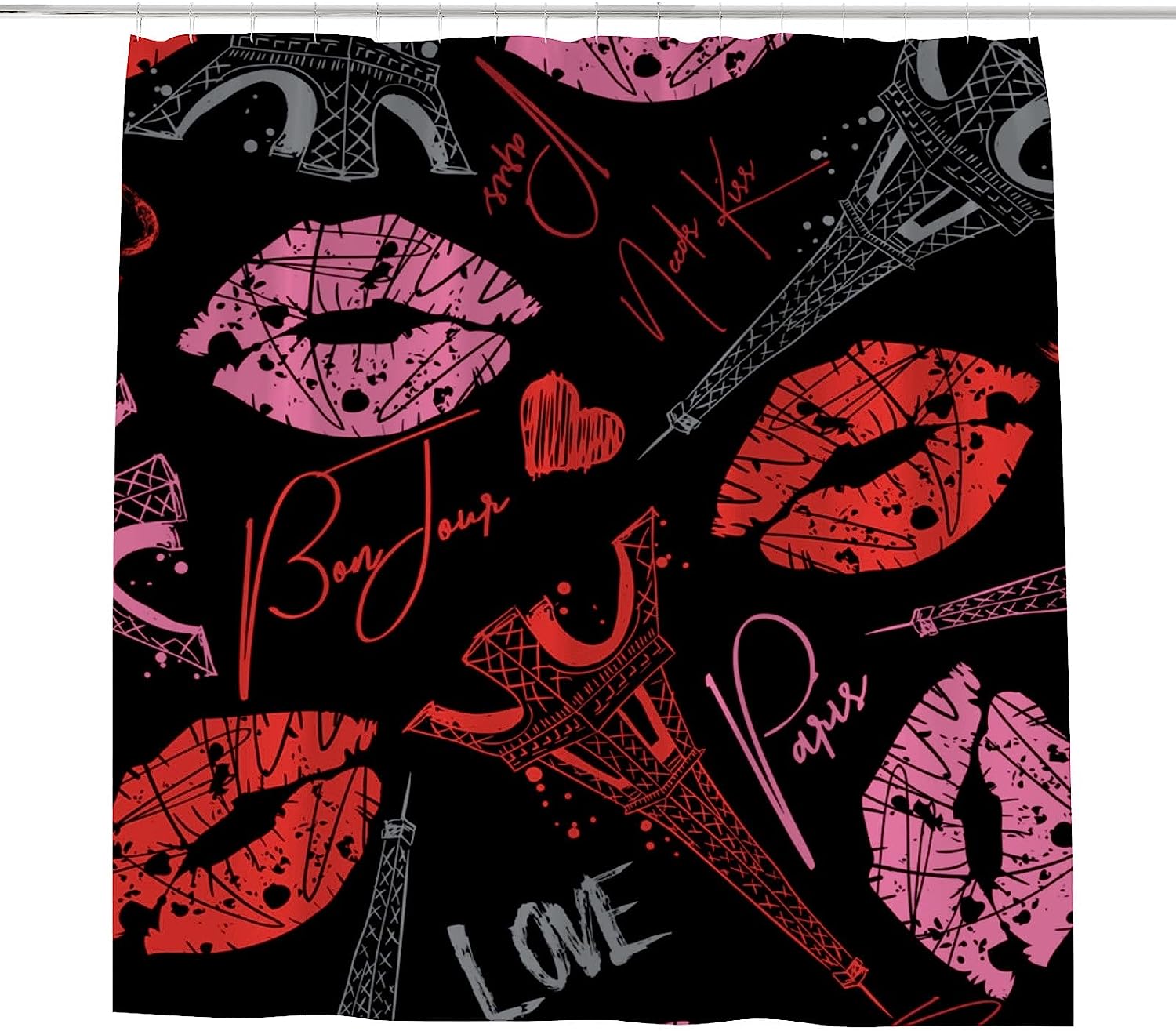 Eiffel Tower Hearts Shower Curtain, Sweet and Romantic Bathroom Accessory for Your Love-Inspired Bath
