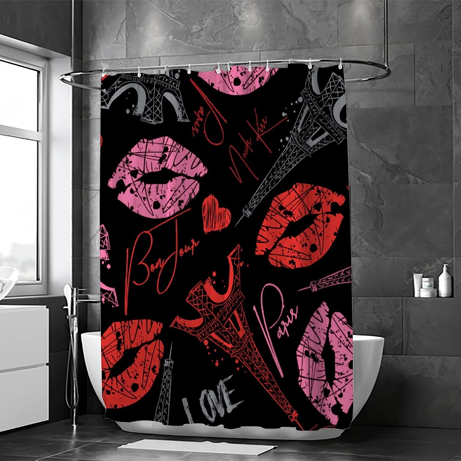 Eiffel Tower Hearts Shower Curtain, Sweet and Romantic Bathroom Accessory for Your Love-Inspired Bath
